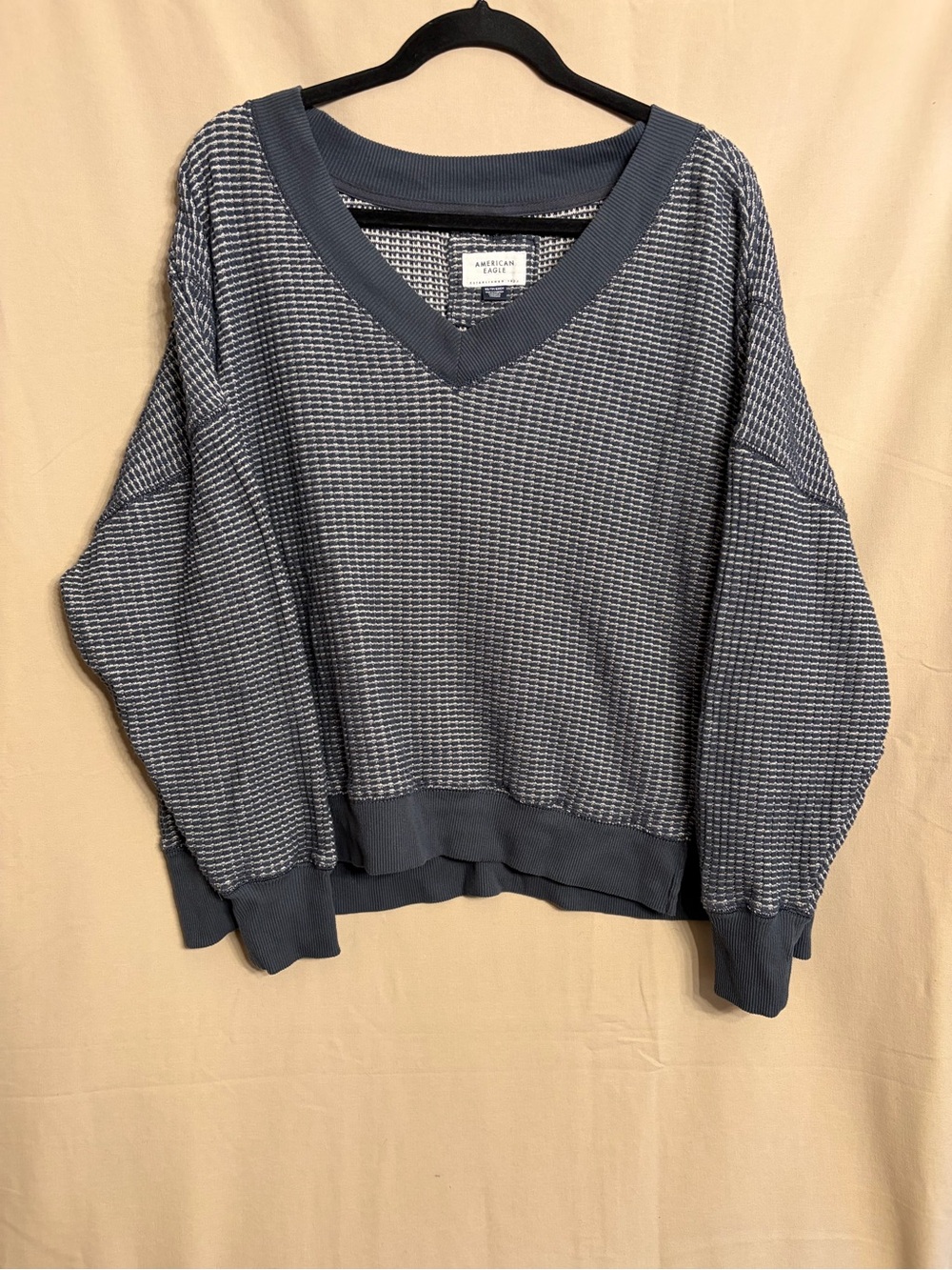 American Eagle Big Hug V-Neck Waffle Knit Sweatshirt Navy Blue